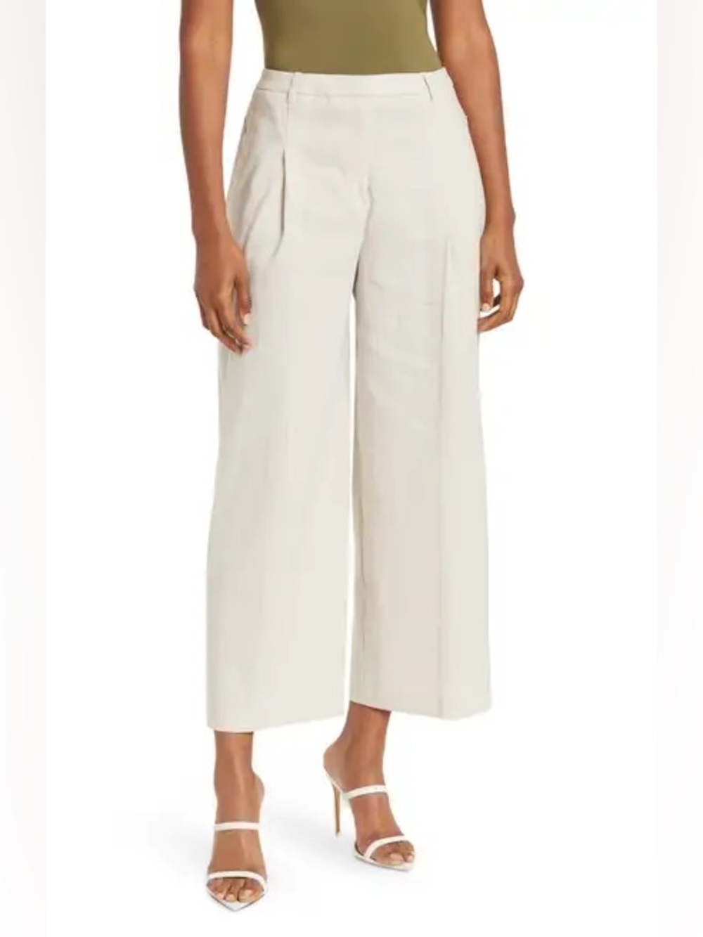 Tahari Cream Wide Leg Cropped Linen Pants